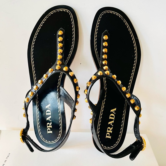 Prada black and gold studded flat sandals 37.5 - Picture 1 of 12